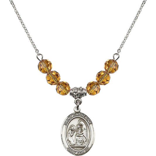 Sterling Silver Saint Catherine of Siena Birthstone Necklace with Topaz Beads - 8014