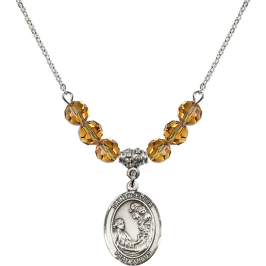 Sterling Silver Saint Cecilia Birthstone Necklace with Topaz Beads - 8016