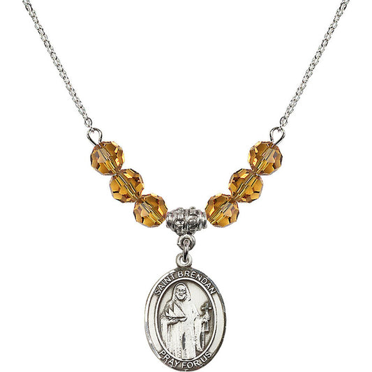 Sterling Silver Saint Brendan the Navigator Birthstone Necklace with Topaz Beads - 8018
