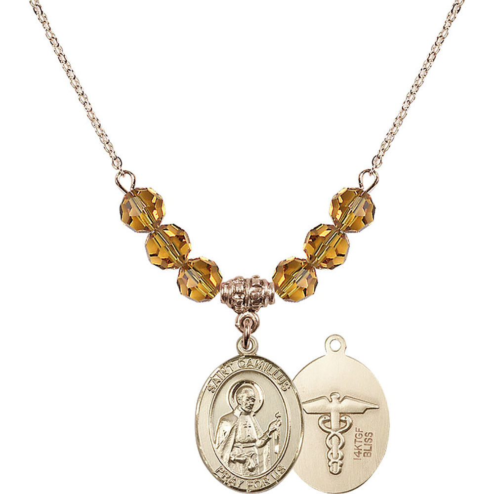 14kt Gold Filled Saint Camillus of Lellis / Nurse Birthstone Necklace with Topaz Beads - 8019