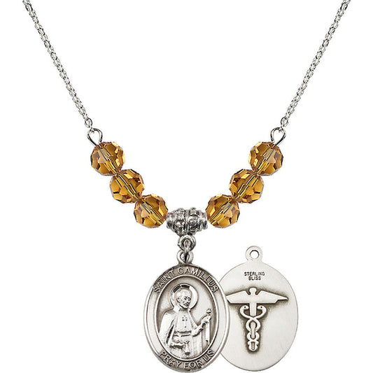 Sterling Silver Saint Camillus of Lellis / Nurse Birthstone Necklace with Topaz Beads - 8019