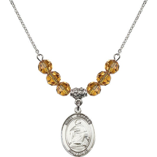 Sterling Silver Saint Charles Borromeo Birthstone Necklace with Topaz Beads - 8020