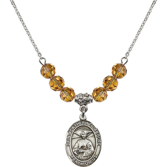 Sterling Silver Saint Catherine Laboure Birthstone Necklace with Topaz Beads - 8021