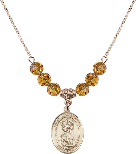 14kt Gold Filled Saint Christopher Birthstone Necklace with Topaz Beads - 8022