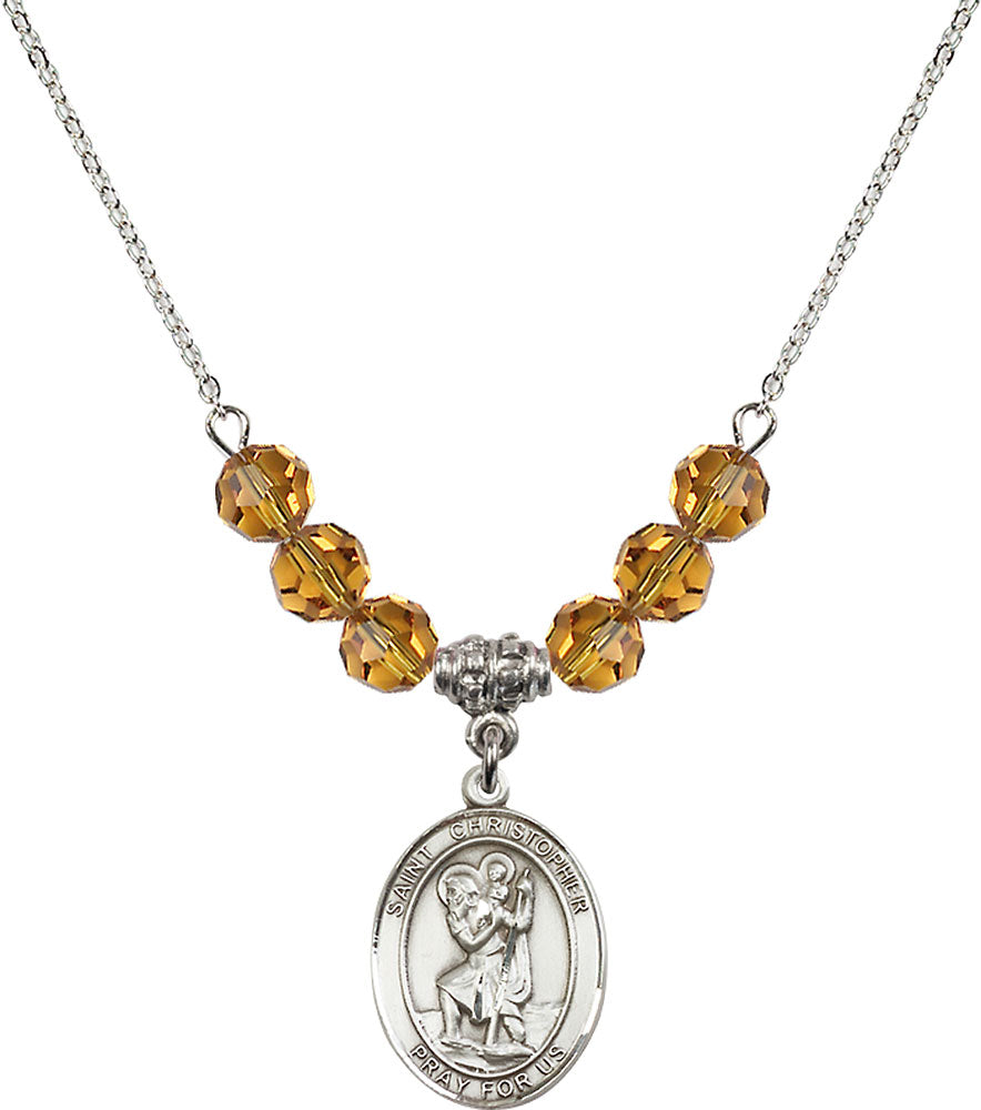 Sterling Silver Saint Christopher Birthstone Necklace with Topaz Beads - 8022