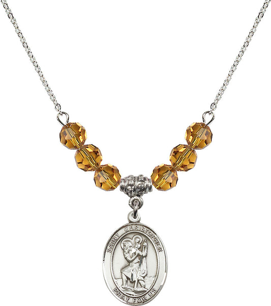 Sterling Silver Saint Christopher Birthstone Necklace with Topaz Beads - 8022