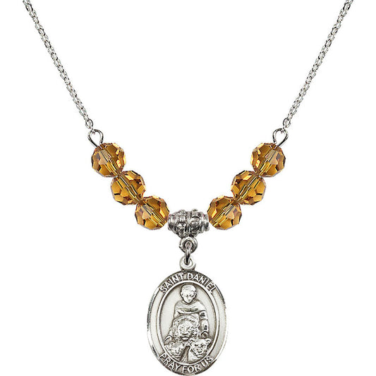 Sterling Silver Saint Daniel Birthstone Necklace with Topaz Beads - 8024