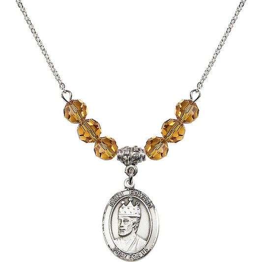 Sterling Silver Saint Edward the Confessor Birthstone Necklace with Topaz Beads - 8026