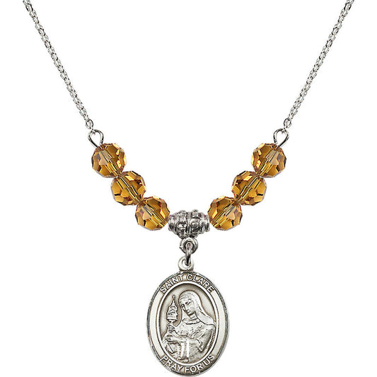 Sterling Silver Saint Clare of Assisi Birthstone Necklace with Topaz Beads - 8028