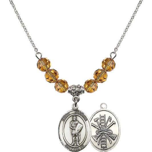 Sterling Silver Saint Florian/Firefighter Birthstone Necklace with Topaz Beads - 8034