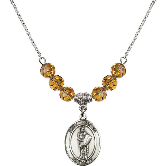 Sterling Silver Saint Florian Birthstone Necklace with Topaz Beads - 8034