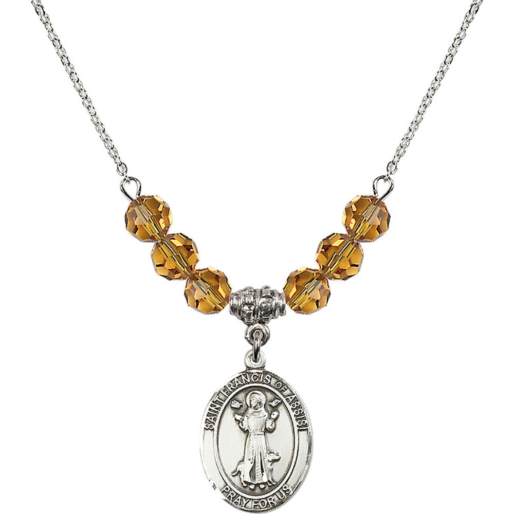 Sterling Silver Saint Francis of Assisi Birthstone Necklace with Topaz Beads - 8036