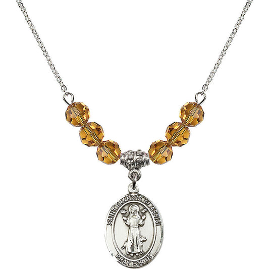 Sterling Silver Saint Francis of Assisi Birthstone Necklace with Topaz Beads - 8036