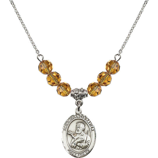 Sterling Silver Saint Francis Xavier Birthstone Necklace with Topaz Beads - 8037