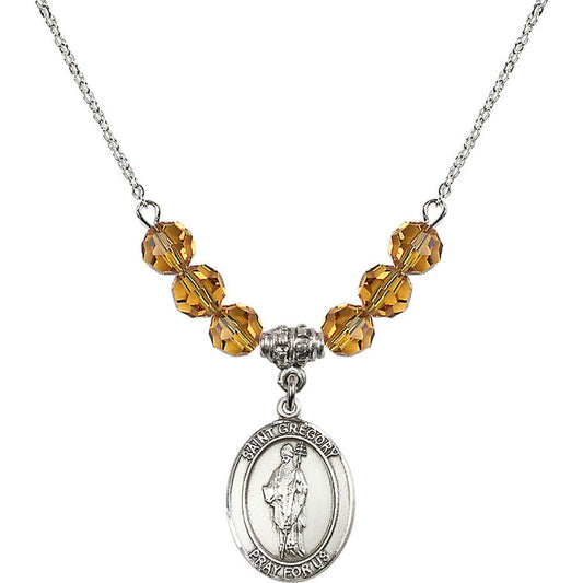 Sterling Silver Saint Gregory the Great Birthstone Necklace with Topaz Beads - 8048