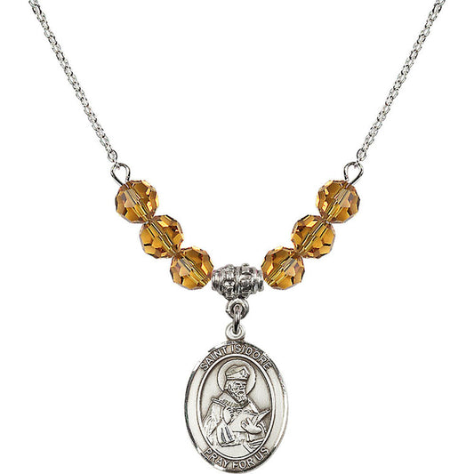 Sterling Silver Saint Isidore of Seville Birthstone Necklace with Topaz Beads - 8049
