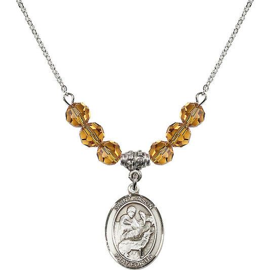 Sterling Silver Saint Jason Birthstone Necklace with Topaz Beads - 8051