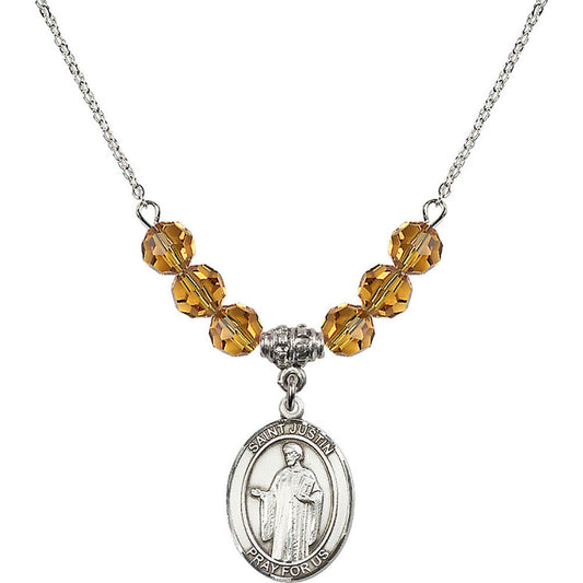 Sterling Silver Saint Justin Birthstone Necklace with Topaz Beads - 8052