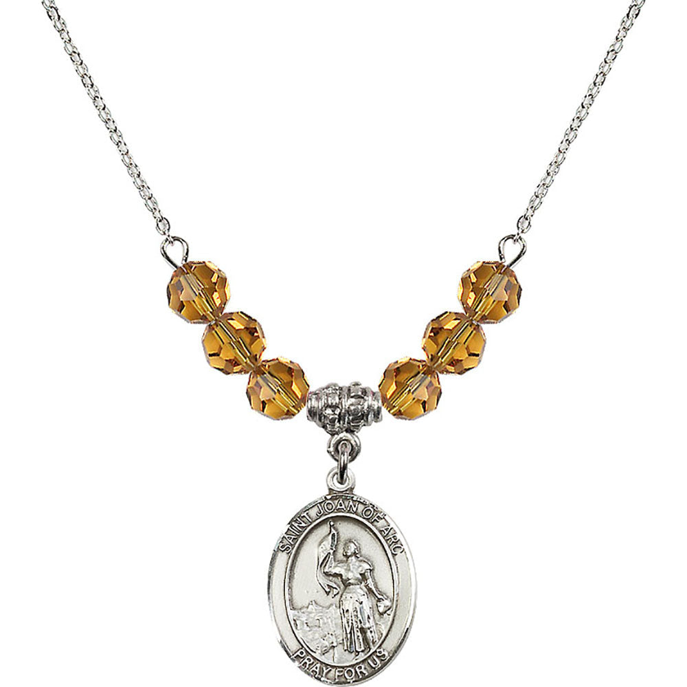 Sterling Silver Saint Joan of Arc Birthstone Necklace with Topaz Beads - 8053