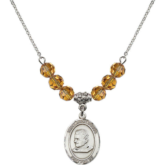 Sterling Silver Saint John Bosco Birthstone Necklace with Topaz Beads - 8055