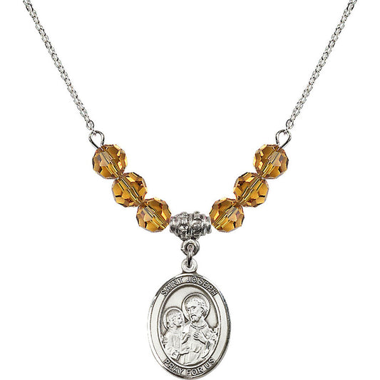Sterling Silver Saint Joseph Birthstone Necklace with Topaz Beads - 8058