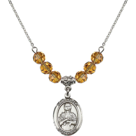 Sterling Silver Saint Kateri Tekakwitha Birthstone Necklace with Topaz Beads - 8061