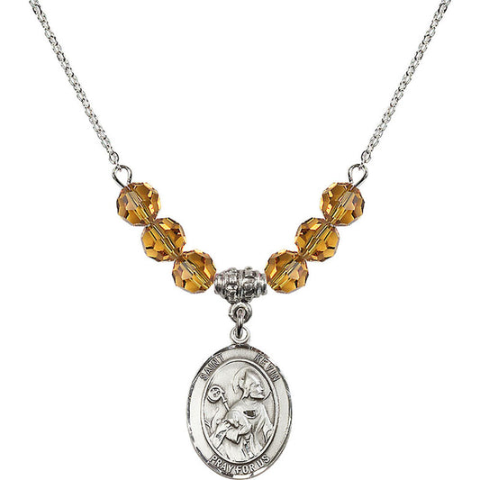 Sterling Silver Saint Kevin Birthstone Necklace with Topaz Beads - 8062