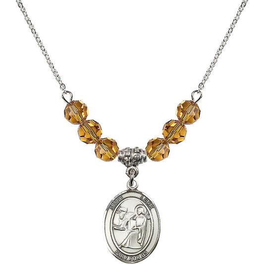 Sterling Silver Saint Luke the Apostle Birthstone Necklace with Topaz Beads - 8068