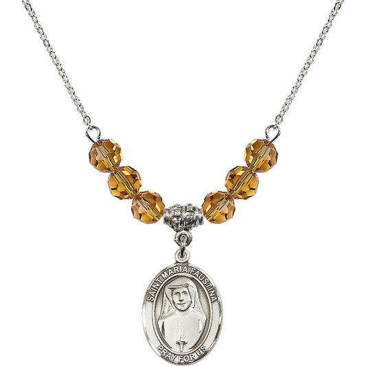 Sterling Silver Saint Maria Faustina Birthstone Necklace with Topaz Beads - 8069