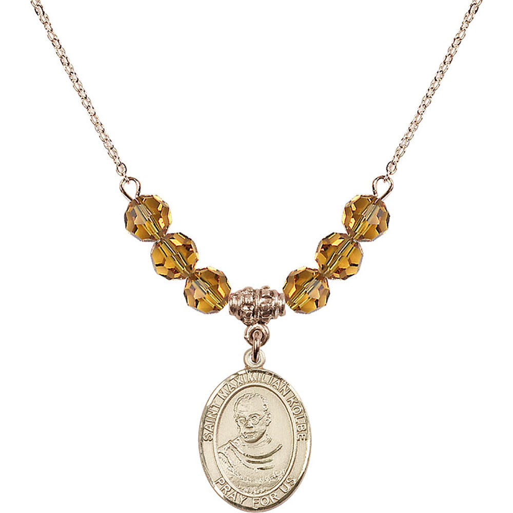 14kt Gold Filled Saint Maximilian Kolbe Birthstone Necklace with Topaz Beads - 8073