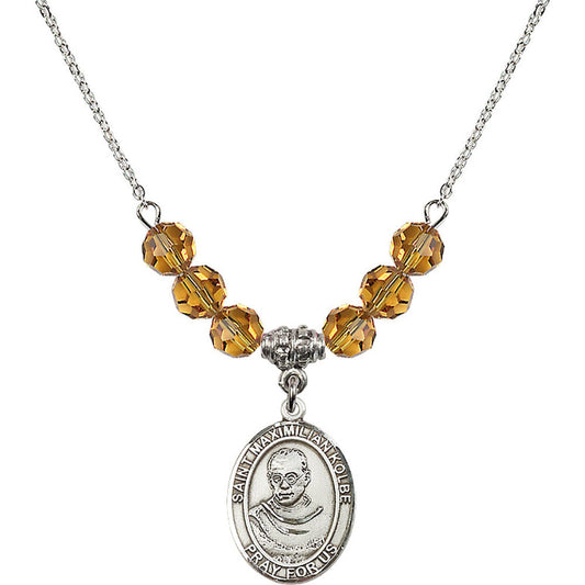 Sterling Silver Saint Maximilian Kolbe Birthstone Necklace with Topaz Beads - 8073