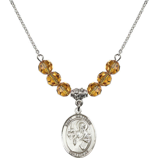 Sterling Silver Saint Matthew the Apostle Birthstone Necklace with Topaz Beads - 8074