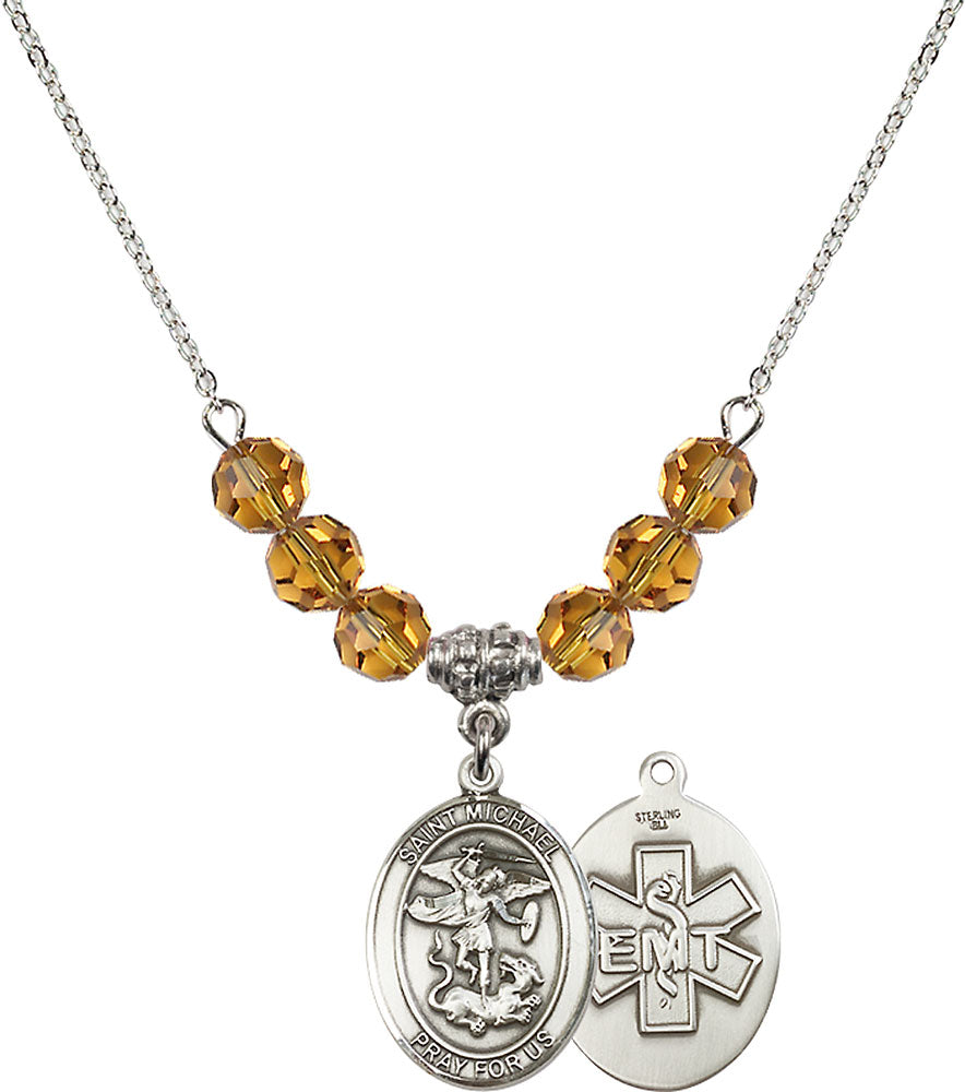 Sterling Silver Saint Michael / EMT Birthstone Necklace with Topaz Beads - 8076