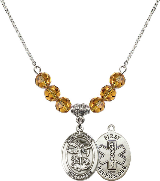 Sterling Silver Saint Michael/1St Responder Birthstone Necklace with Topaz Beads - 8076