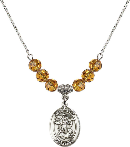 Sterling Silver Saint Michael the Archangel Birthstone Necklace with Topaz Beads - 8076