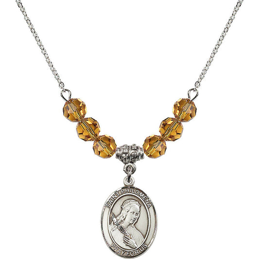 Sterling Silver Saint Philomena Birthstone Necklace with Topaz Beads - 8077