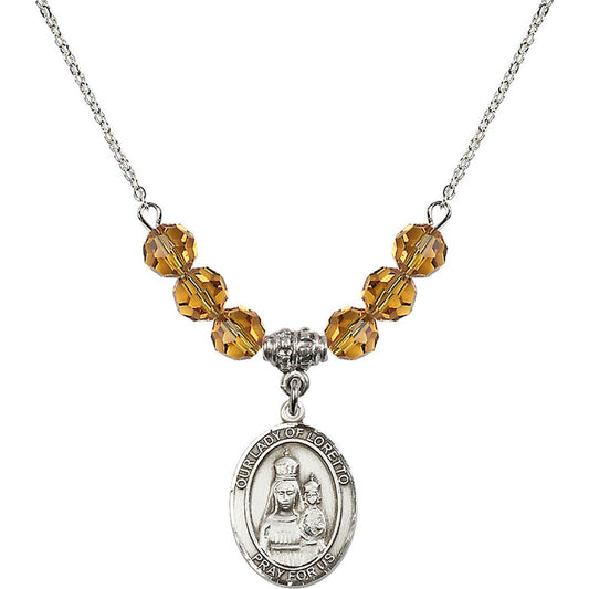 Sterling Silver Our Lady of Loretto Birthstone Necklace with Topaz Beads - 8082