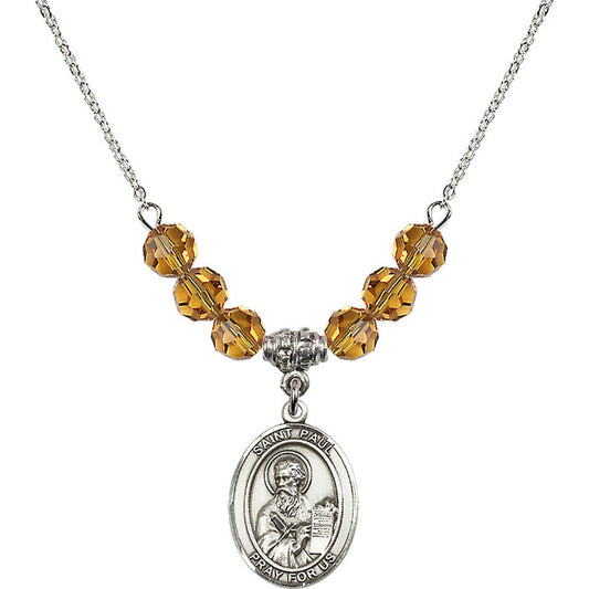 Sterling Silver Saint Paul the Apostle Birthstone Necklace with Topaz Beads - 8086