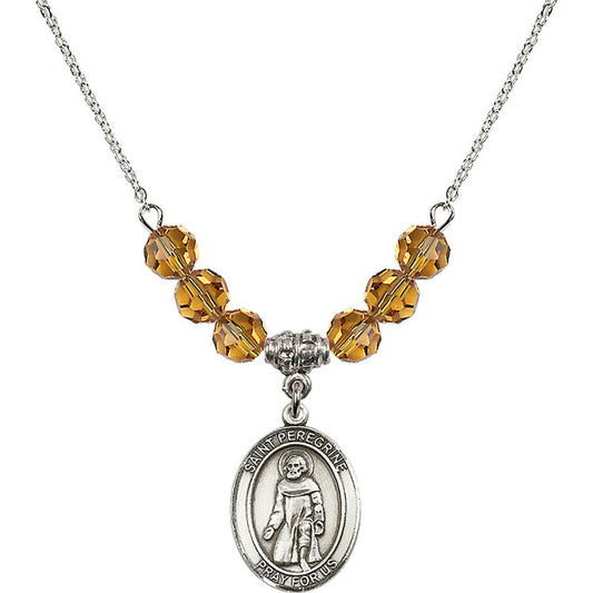 Sterling Silver Saint Peregrine Laziosi Birthstone Necklace with Topaz Beads - 8088