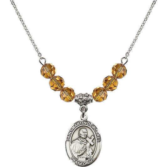 Sterling Silver Saint Martin de Porres Birthstone Necklace with Topaz Beads - 8089
