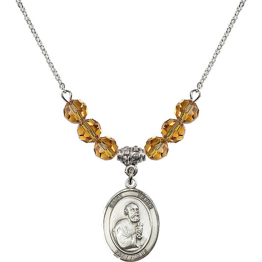 Sterling Silver Saint Peter the Apostle Birthstone Necklace with Topaz Beads - 8090