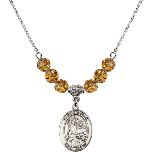 Sterling Silver Saint Raphael the Archangel Birthstone Necklace with Topaz Beads - 8092
