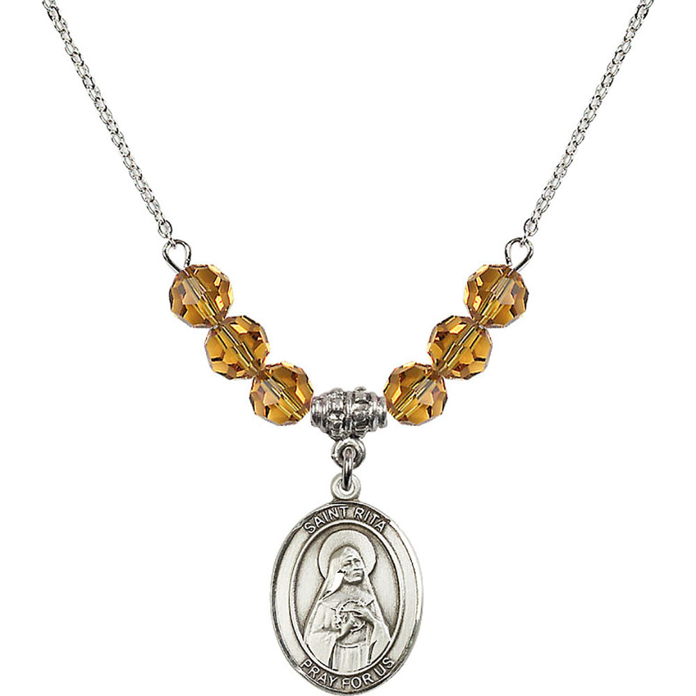 Sterling Silver Saint Rita of Cascia Birthstone Necklace with Topaz Beads - 8094
