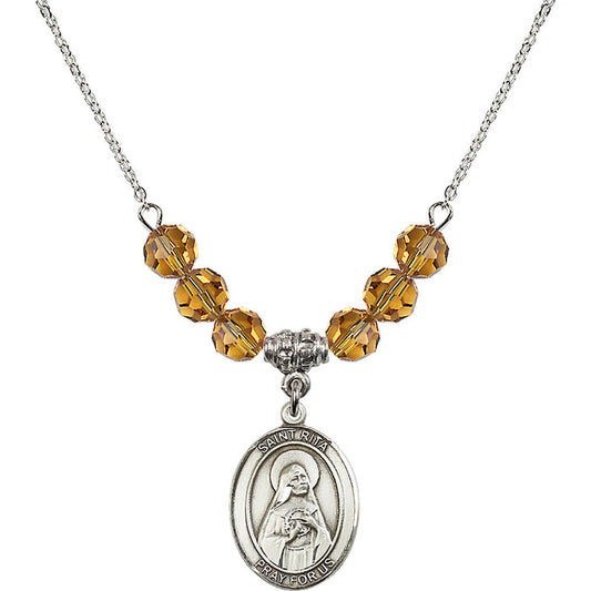 Sterling Silver Saint Rita of Cascia Birthstone Necklace with Topaz Beads - 8094