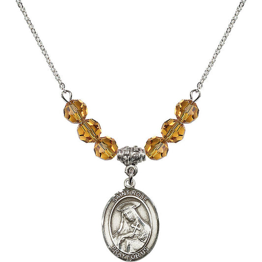 Sterling Silver Saint Rose of Lima Birthstone Necklace with Topaz Beads - 8095