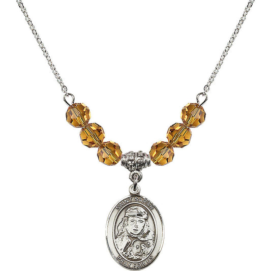 Sterling Silver Saint Sarah Birthstone Necklace with Topaz Beads - 8097