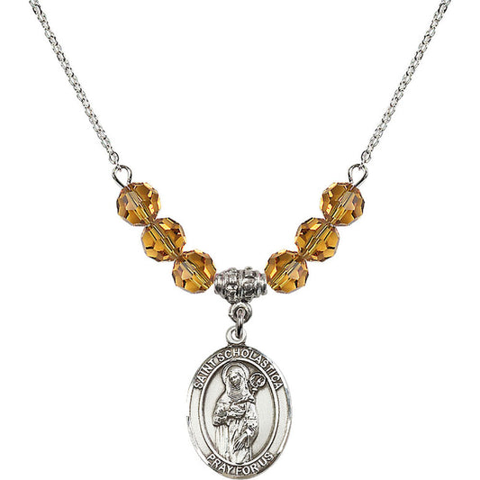 Sterling Silver Saint Scholastica Birthstone Necklace with Topaz Beads - 8099