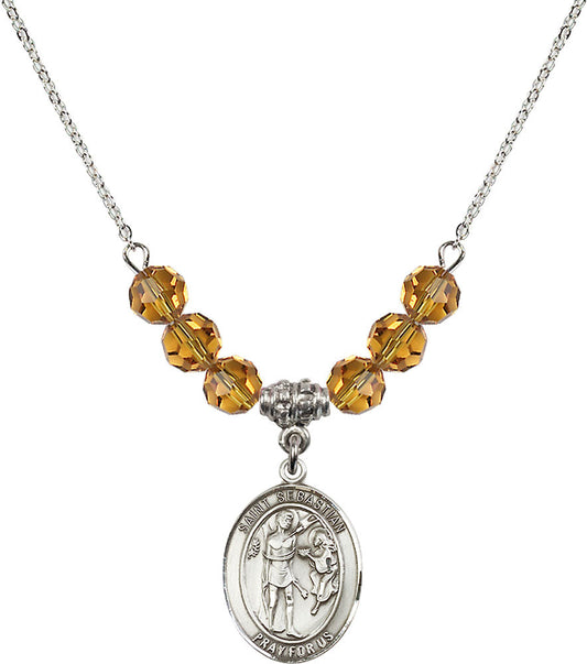 Sterling Silver Saint Sebastian Birthstone Necklace with Topaz Beads - 8100