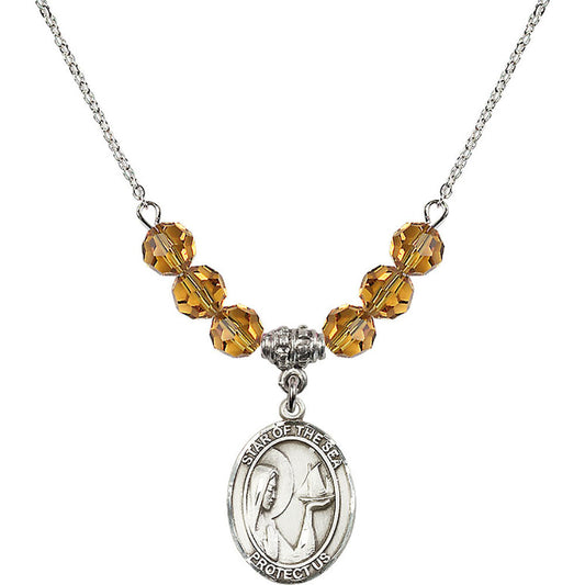 Sterling Silver Our Lady Star of the Sea Birthstone Necklace with Topaz Beads - 8101