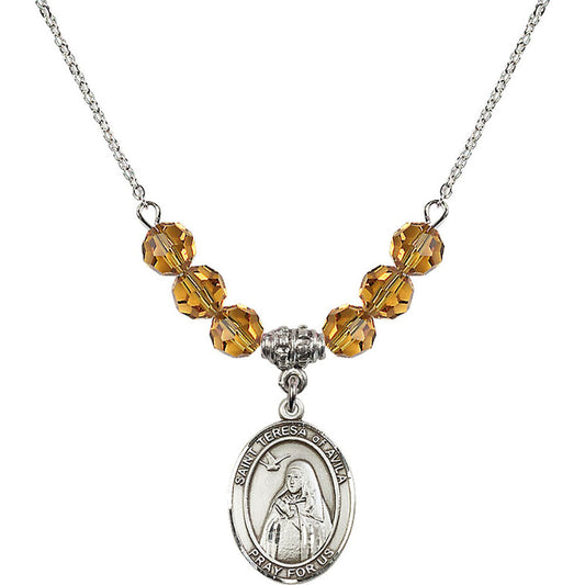 Sterling Silver Saint Teresa of Avila Birthstone Necklace with Topaz Beads - 8102